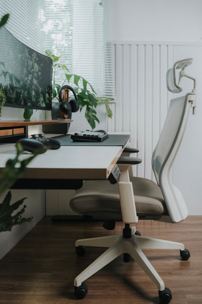 service-06 Sleek home office with ergonomic chair, monitor, and indoor plants for a stylish workspace.